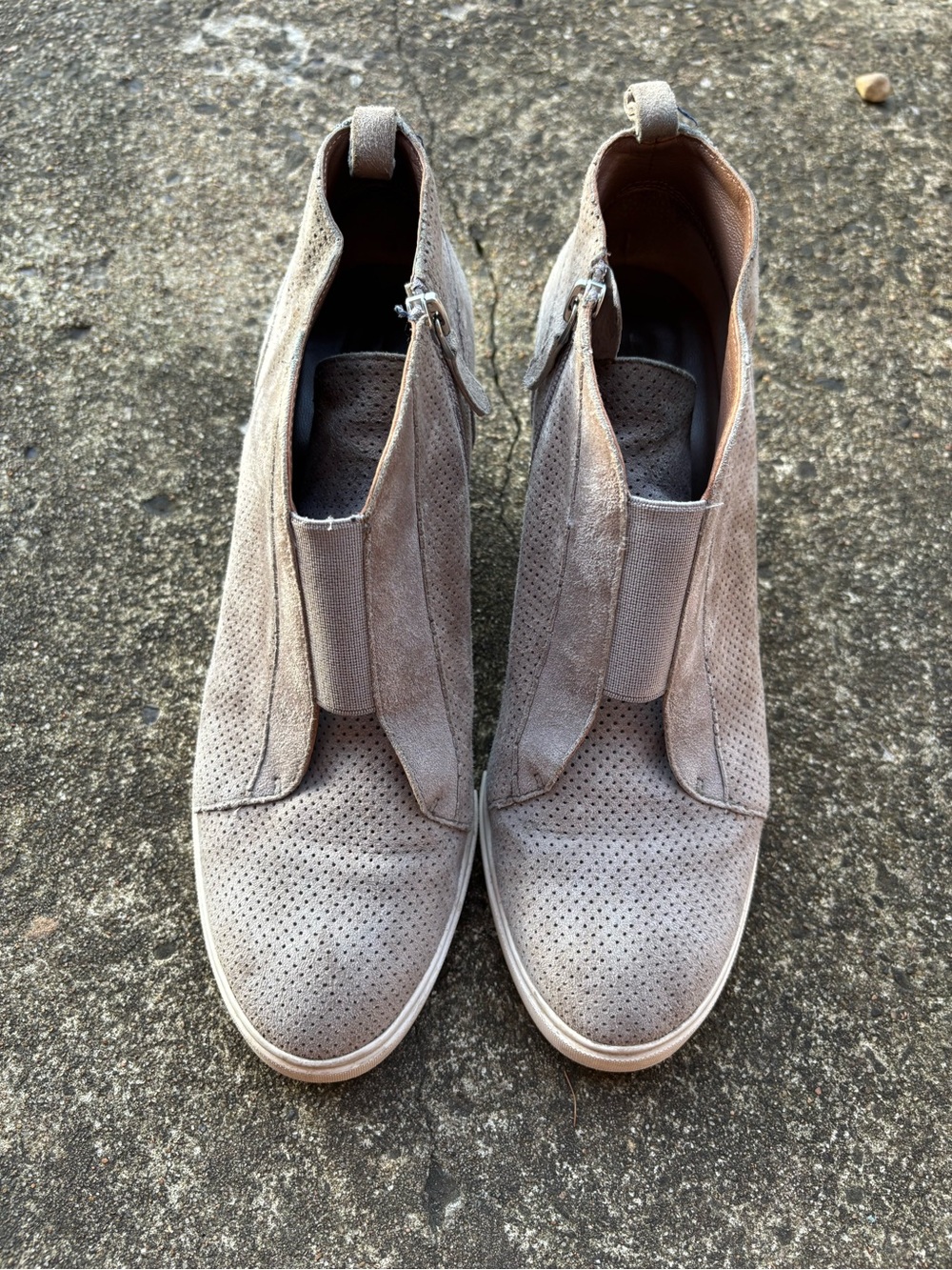 Women’s Suede Perforated Wedge Ankle Bootie - Light Taupe - Picture 2 of 5